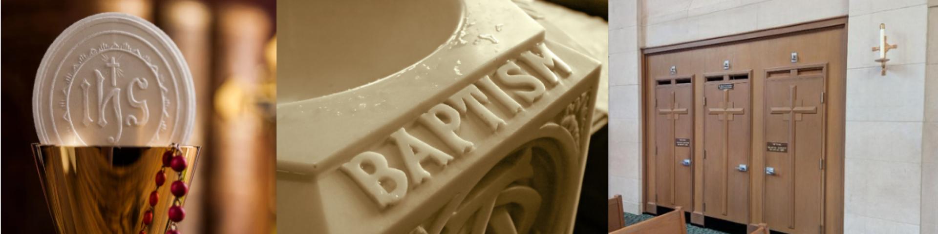 Chalice and host, baptismal font, confessional