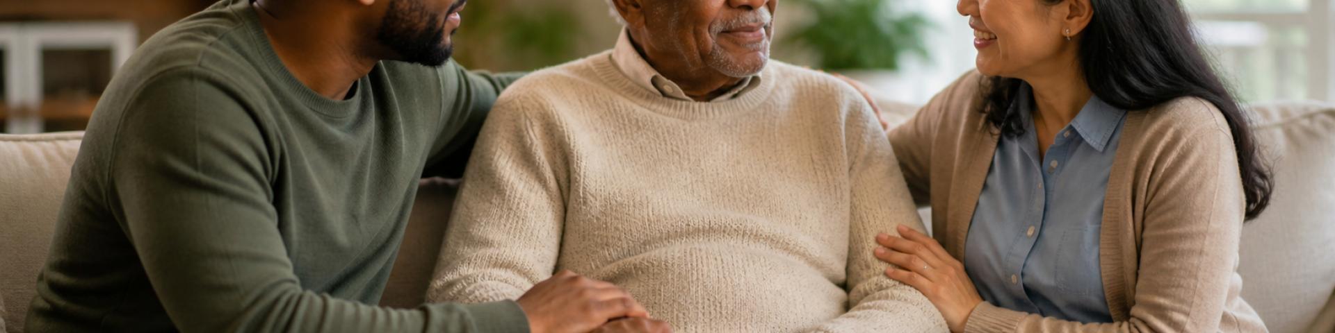 Racially diverse couple sitting on couch with man's father.