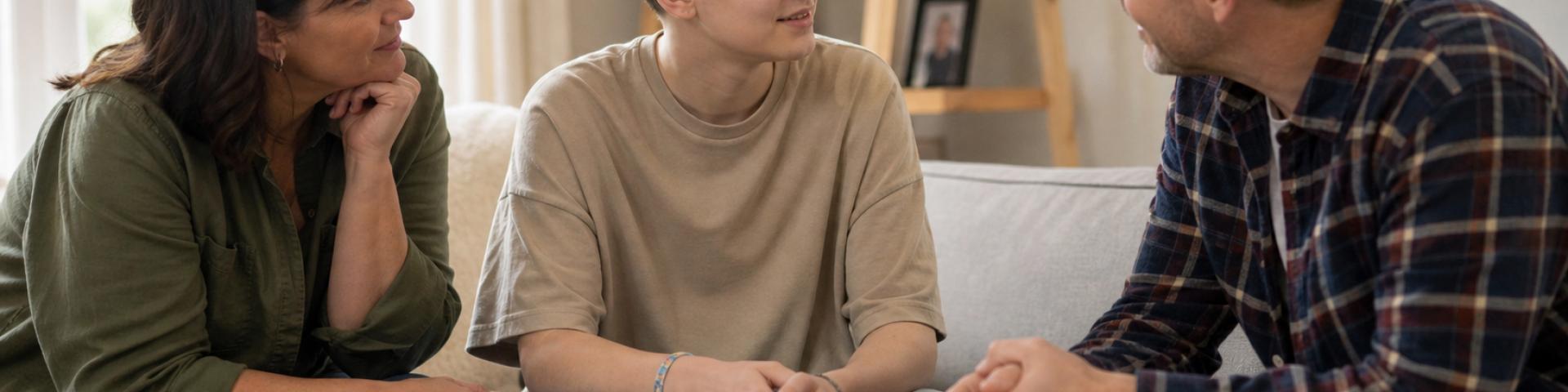 Boy, teen, with hearing aid talking to foster parents