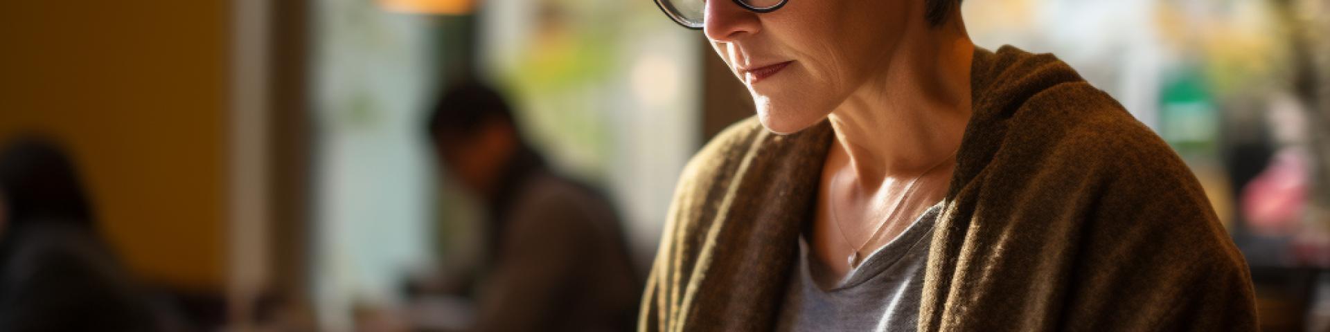 A woman journaling in a coffee shop