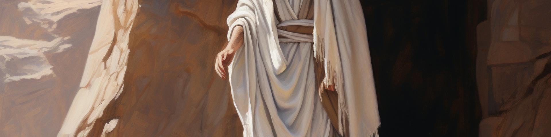 A man in white garments standing in front of a rock hewn tomb