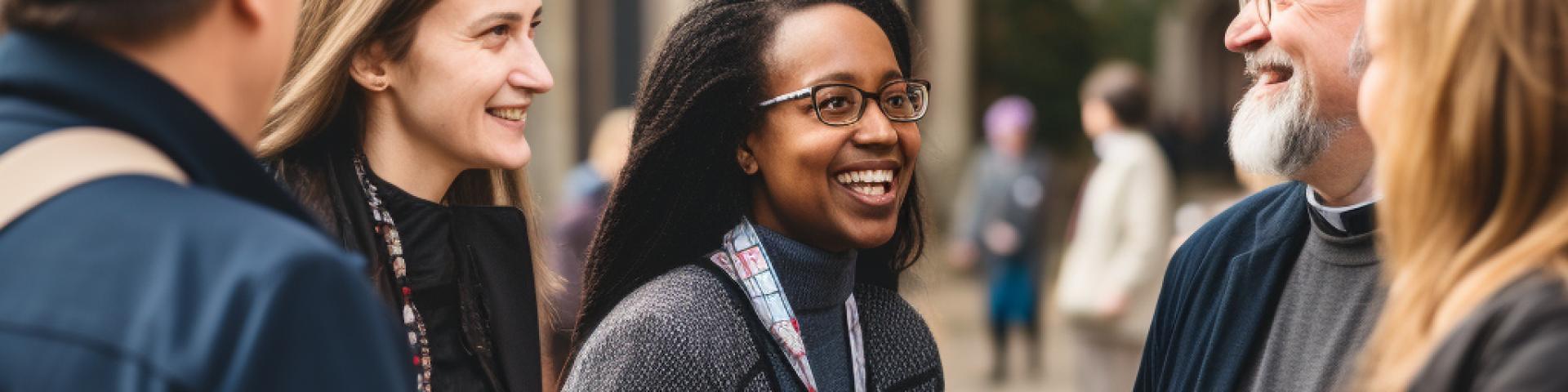 Parish staff talking with parishioners