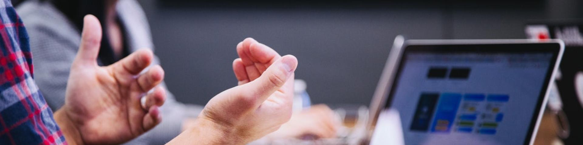 Person with computer talking at a meeting 