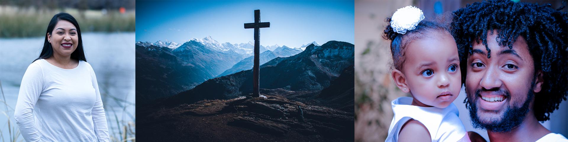 Woman, Man with daughter, and a cross. 
