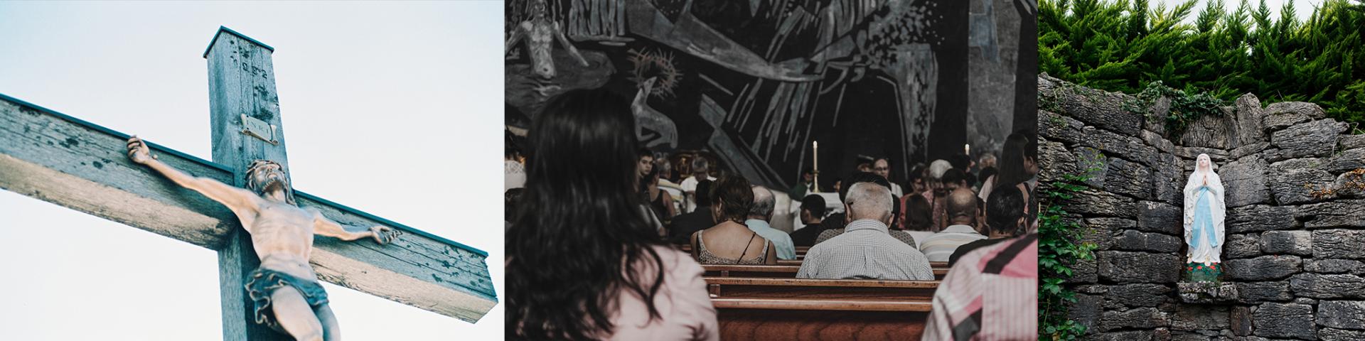 Crucifix, parish, statue of Mary 