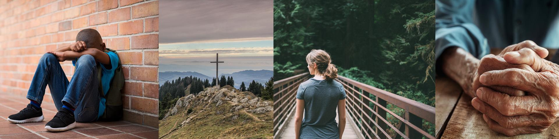 4 pictures: Young boy, woman, elderly person, and a cross. 