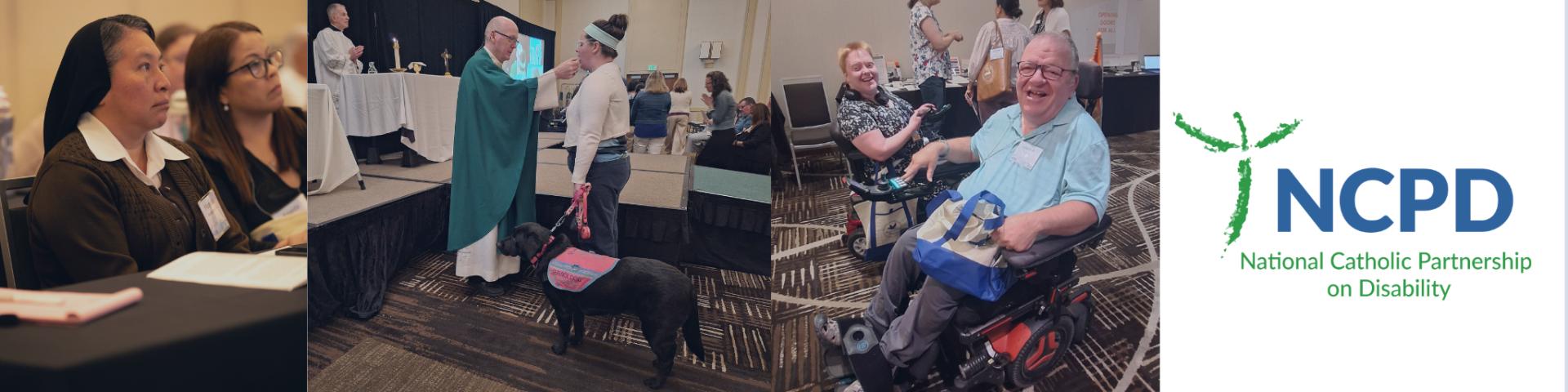 Sister at table watching presentation; priest serving Eucharist to woman with guide dog; two men in wheelchairs talking