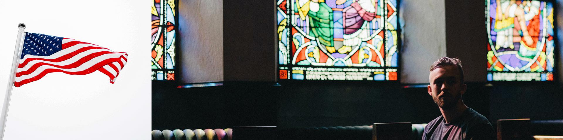 Flag and profile and a man in a dark church.