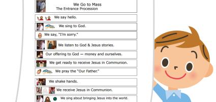 A cartoon of a child holding a mass picture schedule