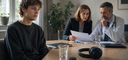 Young man, depressed at a table with doctor and mother