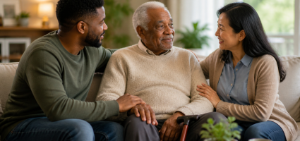 Racially diverse couple sitting on couch with man's father.