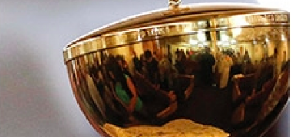 Picture of Sacramental Guidelines booklet.A person holding a golden chalice with the title of the sacramental guidelines above. 