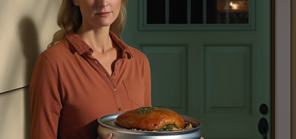 Visiting neighbor with casserole dish