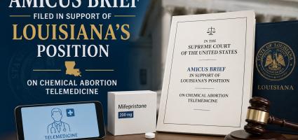 Amicus brief graphic supporting Louisiana’s position on chemical abortion telemedicine, featuring court documents, a gavel, and 