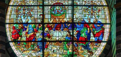 Stained glass window of "The Last Supper"