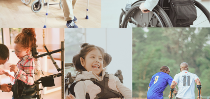 6 images of person using different types of wheelchairs and crutches.