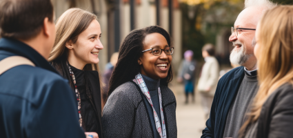 Parish staff talking with parishioners