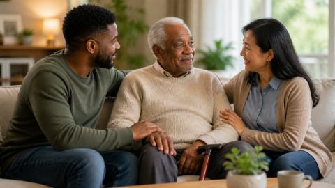 Older man on a couch with a younger man on one side and woman on the other, all smiling.
