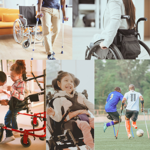 6 images of person using different types of wheelchairs and crutches.