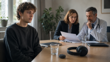 Young man, depressed at a table with doctor and mother