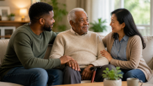 Racially diverse couple sitting on couch with man's father.