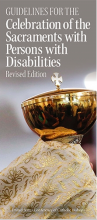 Picture of Sacramental Guidelines booklet.A person holding a golden chalice with the title of the sacramental guidelines above. 
