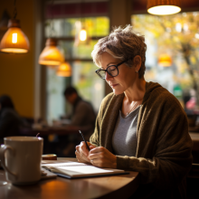 A woman journaling in a coffee shop