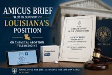 Amicus brief graphic supporting Louisiana’s position on chemical abortion telemedicine, featuring court documents, a gavel, and 