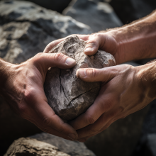 Hands passing on a building stone