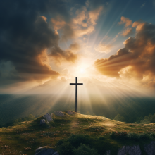 Cross on a hill with sun rays breaking through clouds behind