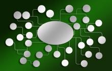 A series of connected circles surrounding an oval on a green background.