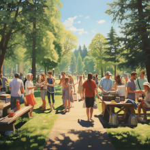 People serving each other at a picnic