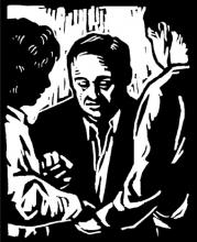 Black and white linocut of people supporting each other