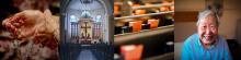 Woman smiling with dementia, inside of a church